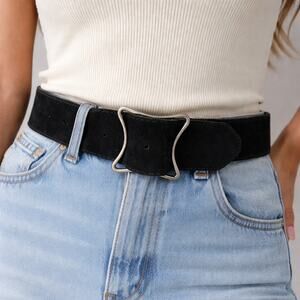 Vintage 1980s Black Suede Leather Belt Silver Buckle Womens Medium 37"